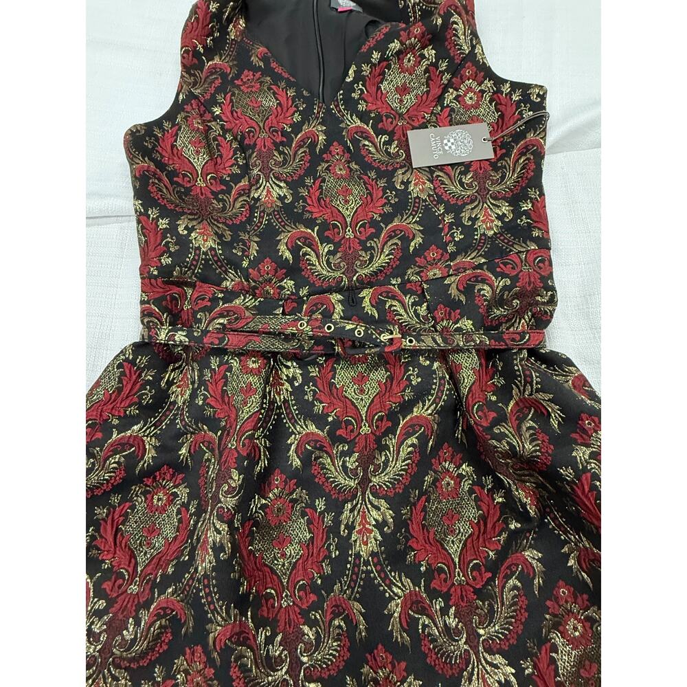 NWT Vince Camuto Dress Size 10 Black Red Gold Brocade Fit Flare Belted - Picture 4 of 5